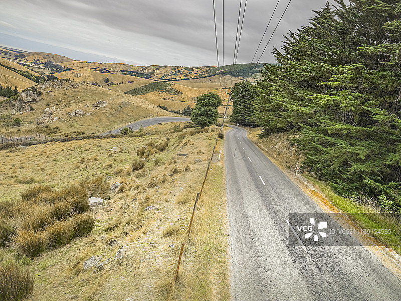 后方背景：新西兰丘陵环境中的乡村小路图片素材