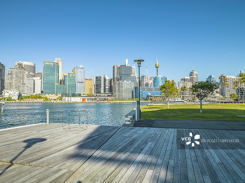 澳大利亚摩天大楼背景下的木制码头背景板图片素材