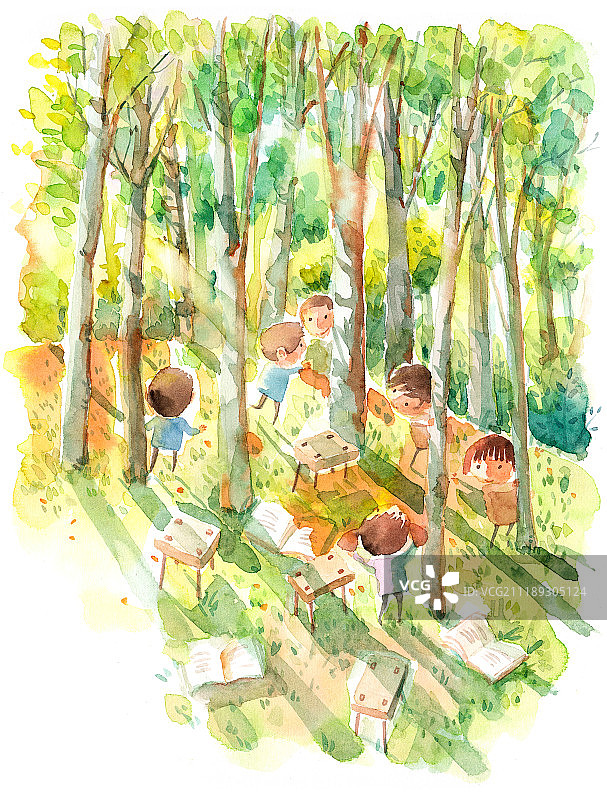 树林里阅读的孩子们图片素材