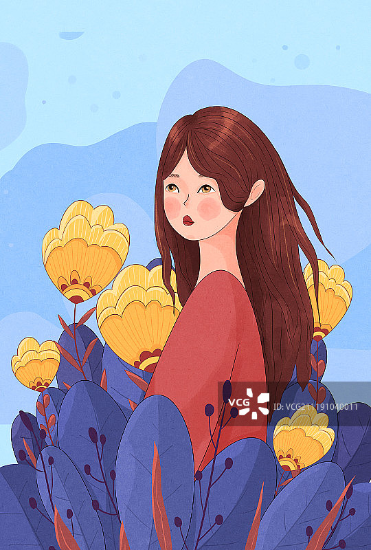 女生节插画花中女孩竖图片素材