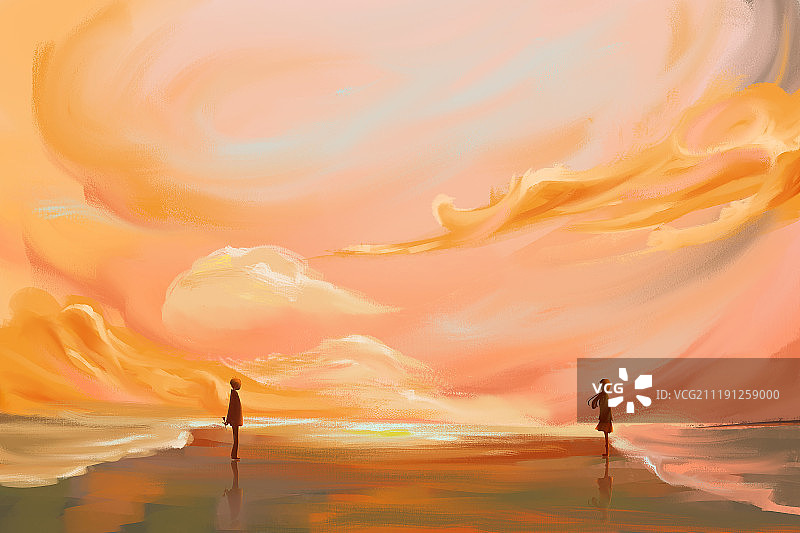 傍晚海边对望的情侣插画图片素材