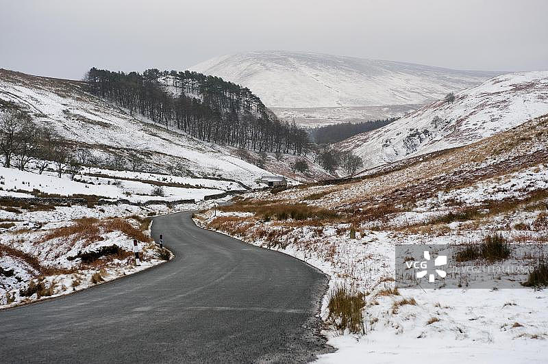 穿过积雪覆盖的荒原栖息地的道路，英国兰开夏郡博兰高地图片素材