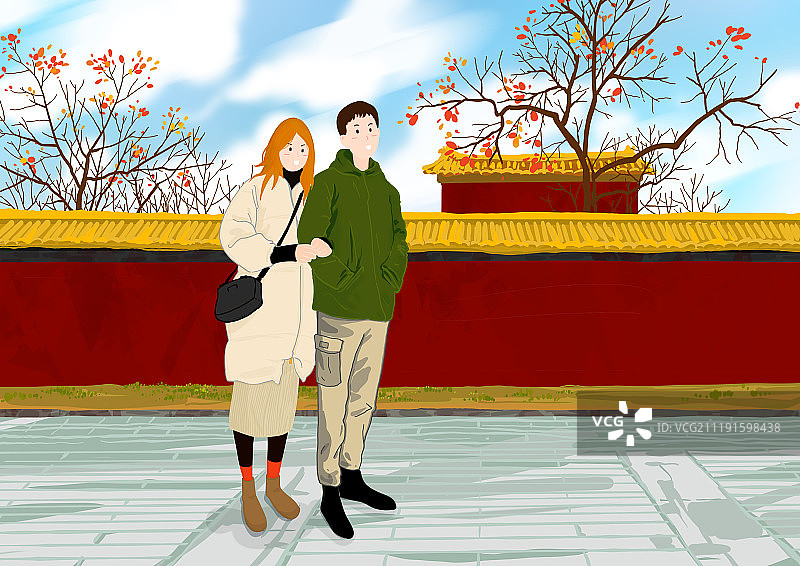 手绘简约插画情人节北京青年图片素材