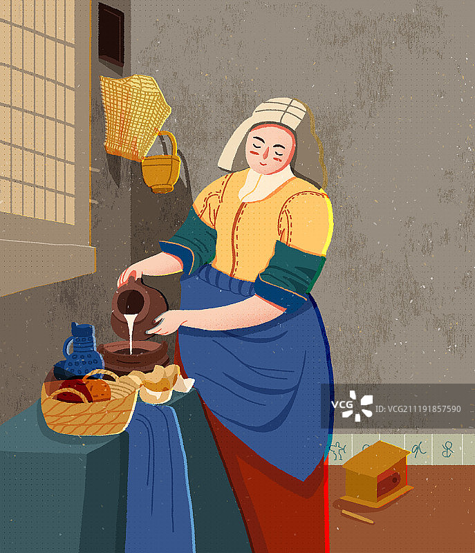 名画倒牛奶的女保洁员图片素材