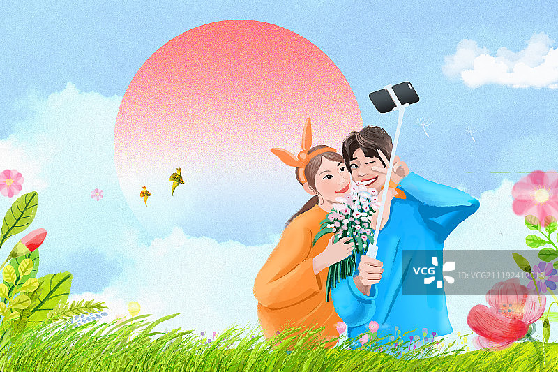 我们和春天的合影图片素材