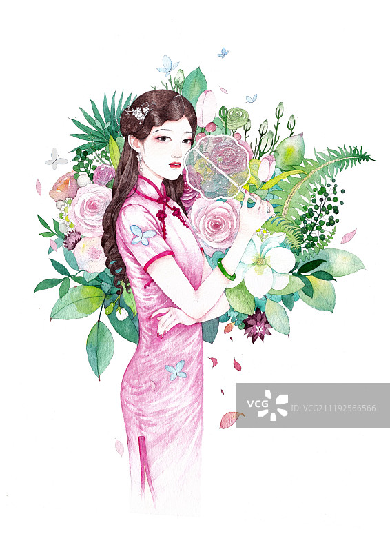 民国旗袍美女与花朵图片素材