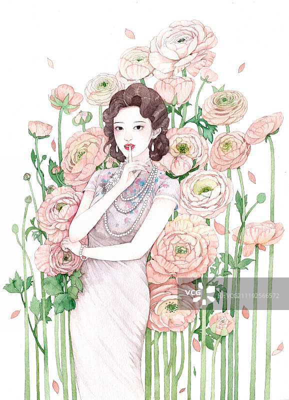 民国旗袍美女与花朵图片素材