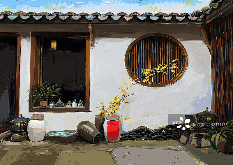 中式的白墙黑瓦背景图片素材