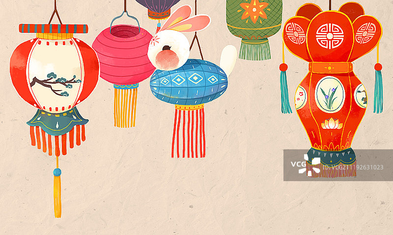 扁平风插画彩色纸灯笼图片素材