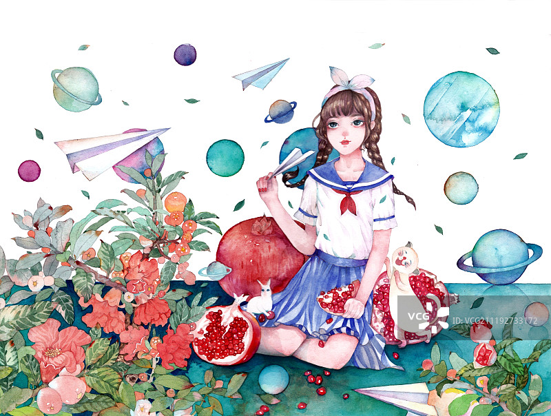 创意水彩插画星球中吃石榴的少女幻想图片素材