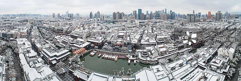 航拍 南京 大雪后 夫子庙 秦淮河畔  全景图片素材