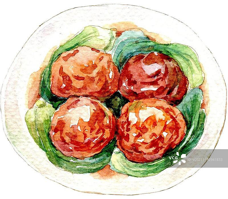 写实水彩手绘四喜丸子图片素材