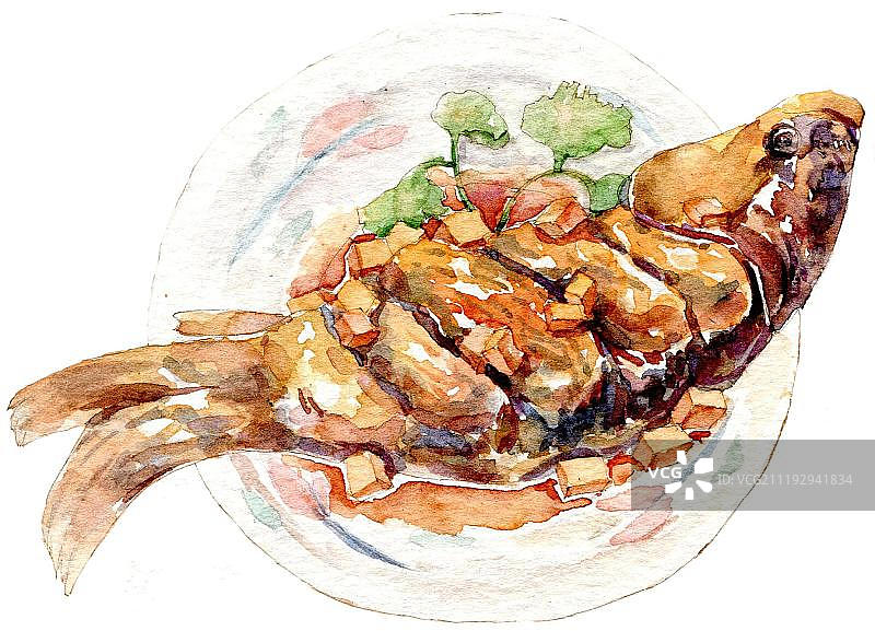 写实水彩手绘糖醋鲤鱼图片素材