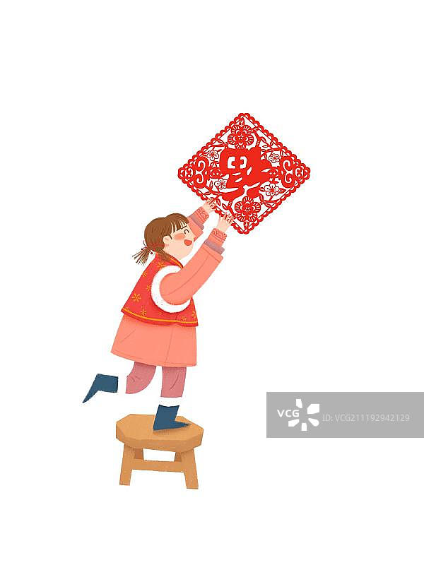 可爱女孩贴窗花图片素材