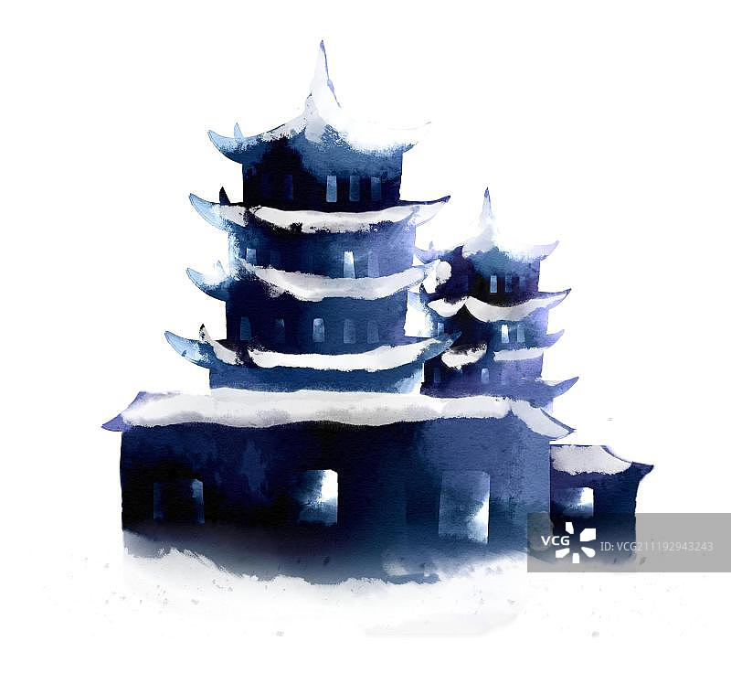 中国风水彩风格冬季建筑图片素材