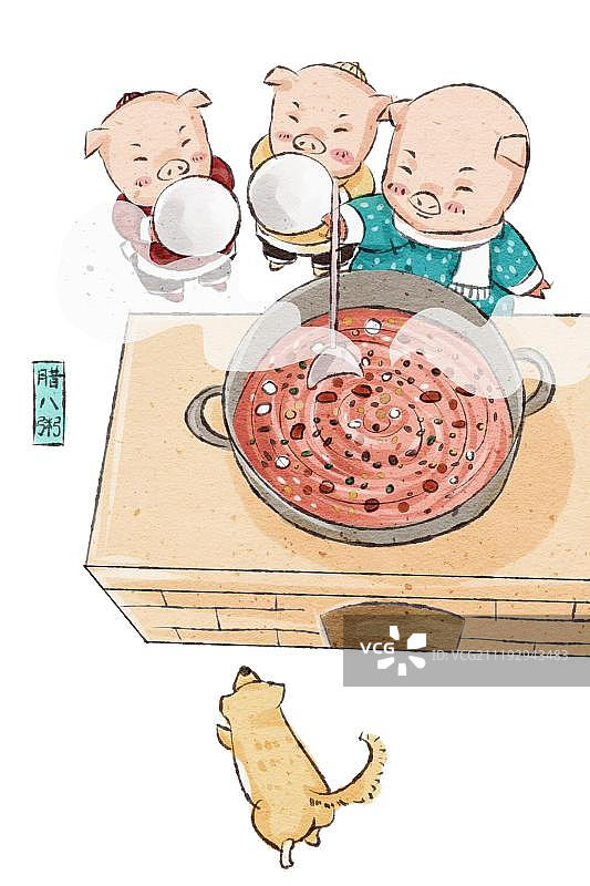 中国水墨风格猪一家人过腊八节图片素材