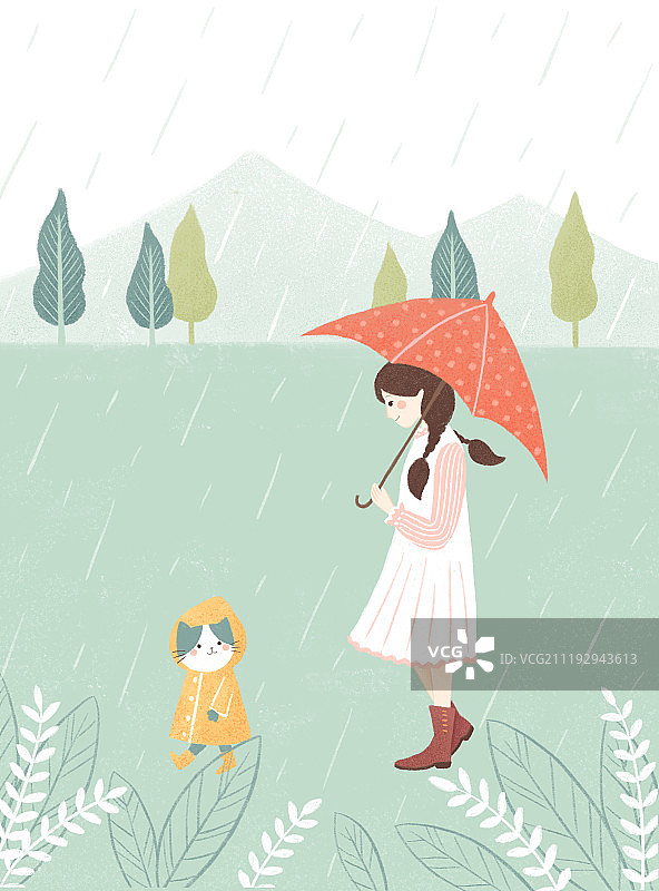 女孩下雨插画图片素材