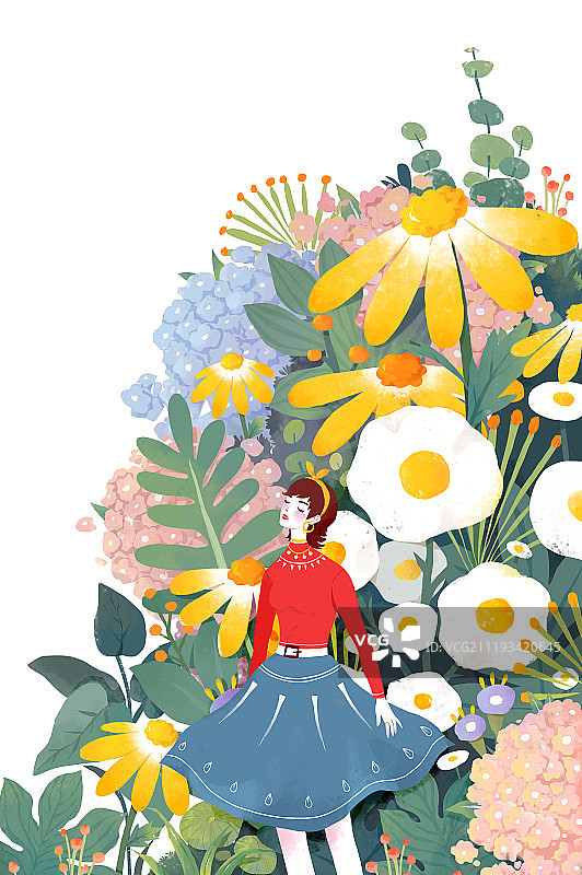 扁平风插画女人与花图片素材