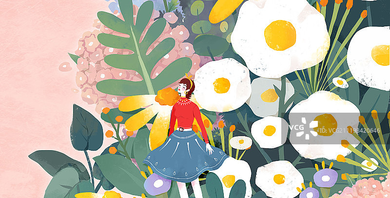 扁平风插画女人花横版图片素材