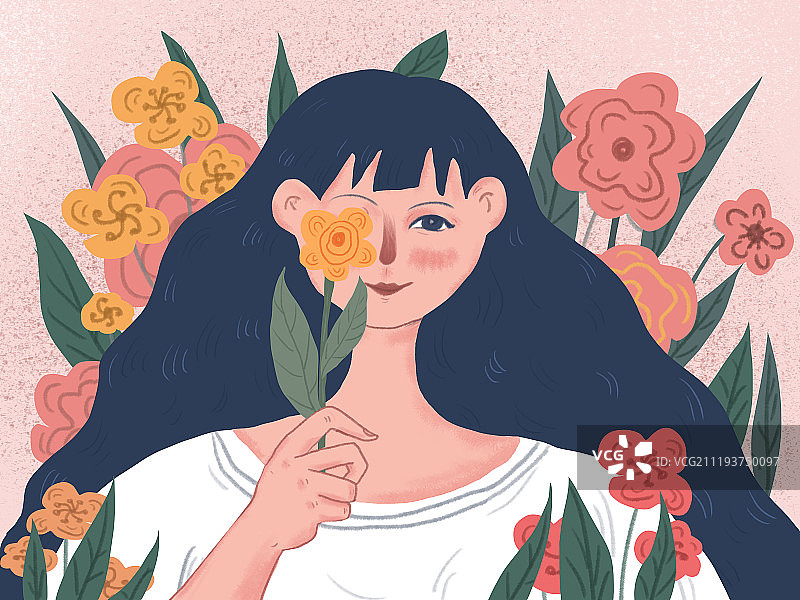 拿着花朵的女孩插画图片素材