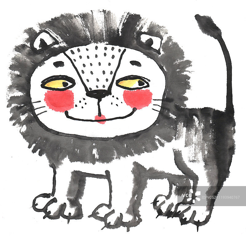 水墨插画可爱的小狮子图片素材
