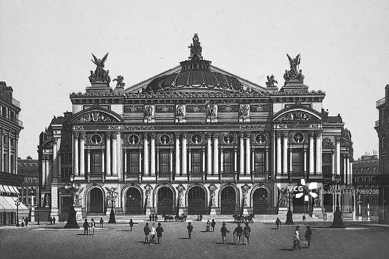 歌剧，国家音乐学院，1890年左右的历史铜版蚀刻画，尼尔斯，巴黎，法国，欧洲图片素材