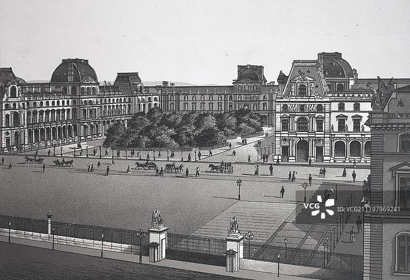 巴黎卢浮宫1890年铜版蚀刻画图片素材