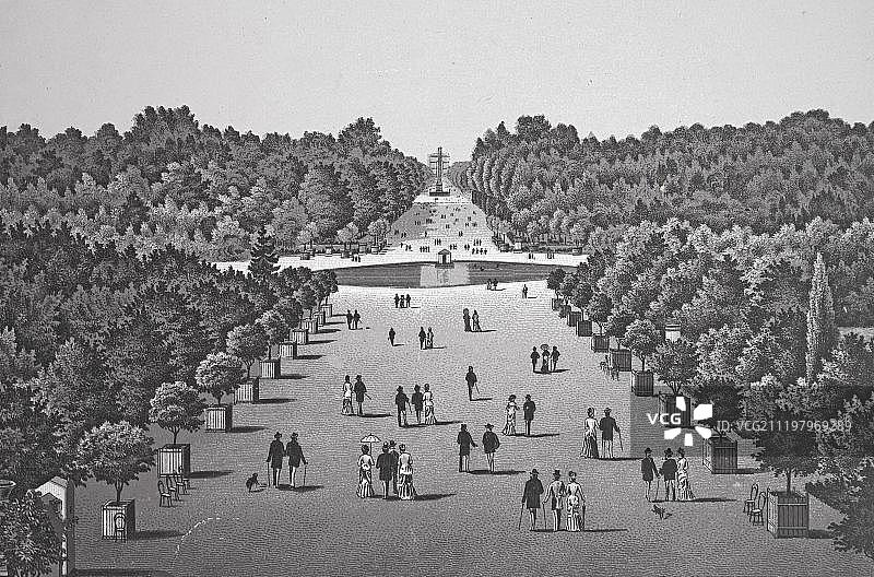 杜乐丽花园和香榭丽舍大街，历史悠久的铜版蚀刻画，约1890年，尼尔斯，巴黎，法国，欧洲图片素材