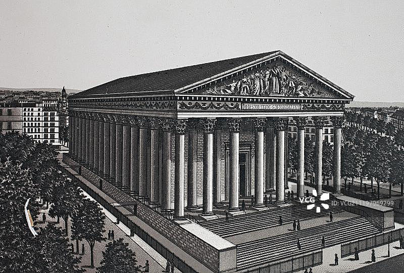 玛德琳教堂，历史悠久的铜版蚀刻画，约1890年，尼尔斯，法国巴黎，欧洲图片素材