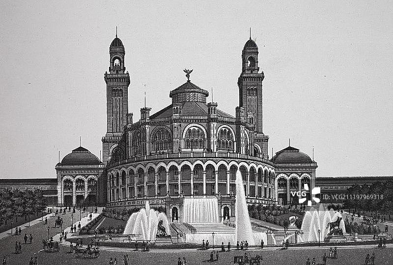 特罗卡德罗宫（夏乐宫前身）历史铜版画，约1890年，法国巴黎图片素材