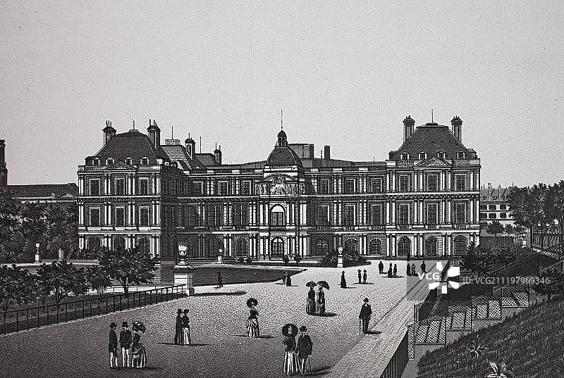 卢森堡宫：约1890年的历史铜版蚀刻画，尼尔斯，巴黎，法国，欧洲图片素材