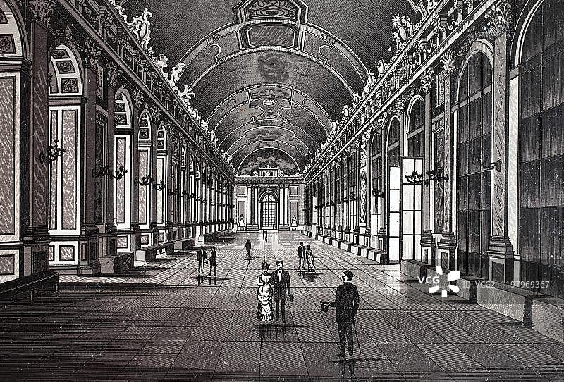 镜厅，历史铜版蚀刻，约1890年，尼尔斯，巴黎，法国，欧洲图片素材
