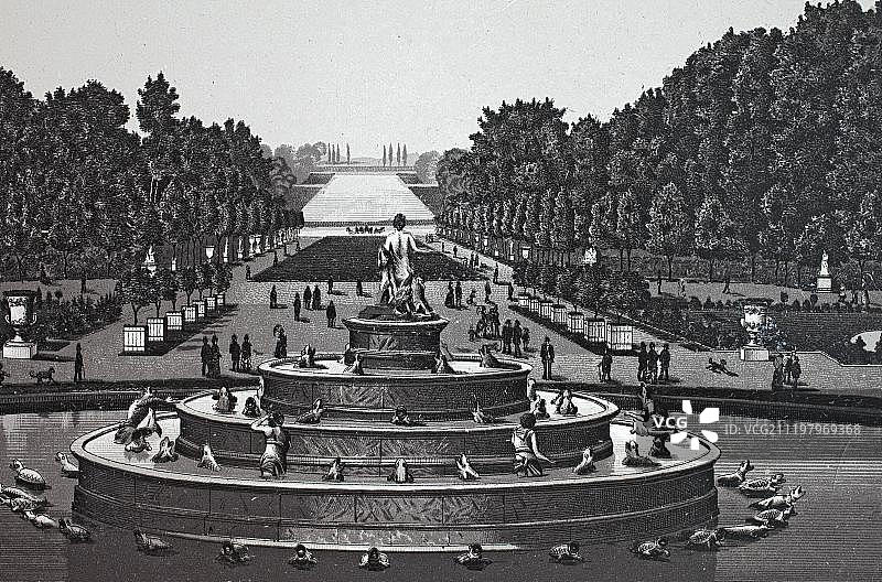 拉托纳水池，历史悠久的铜版蚀刻画，约1890年，尼尔斯，巴黎，法国，欧洲图片素材