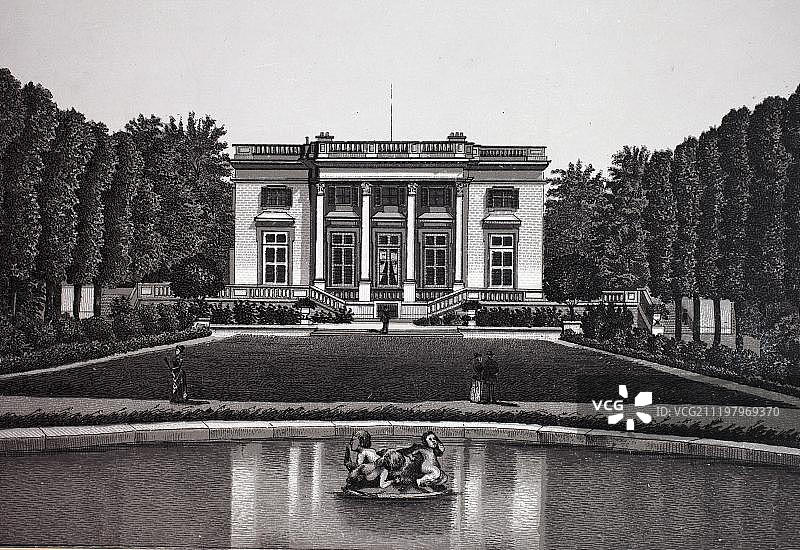 小特里亚农宫：1890年左右的铜版蚀刻画，法国巴黎图片素材