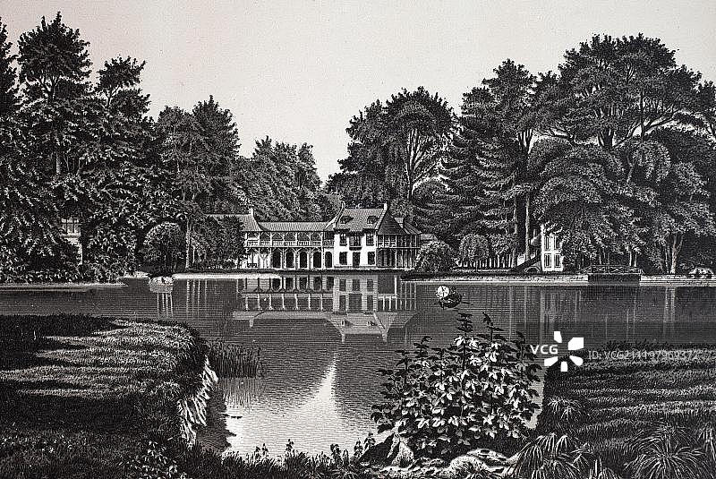 小特里亚农宫，领主之家，1890年左右的古老铜版蚀刻画，尼尔斯，巴黎，法国，欧洲图片素材