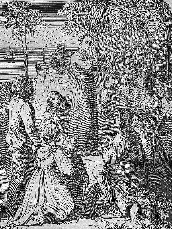 为美洲原住民传道的使徒，1860年历史钢版画图片素材