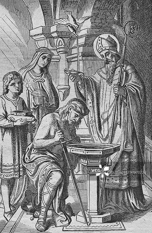 克洛维的洗礼：1860年历史钢版雕刻图片素材