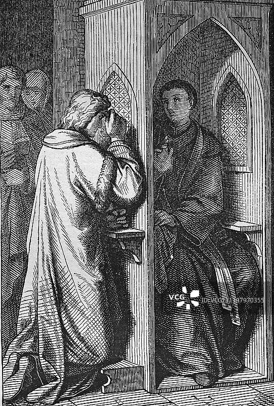 1860年历史钢版画：忏悔图片素材