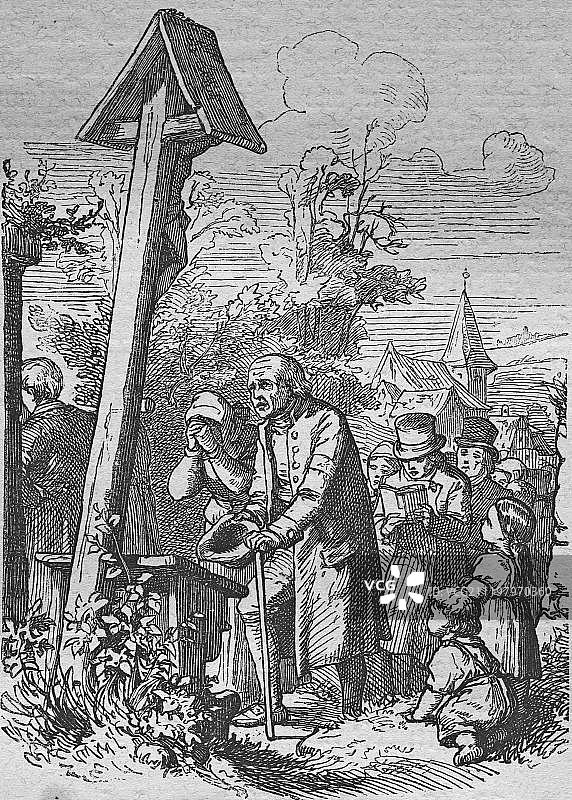 安慰死者的祈祷，1860年的历史钢版雕刻图片素材