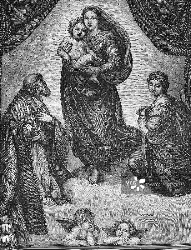 1860年拉斐尔画作的历史钢版雕刻圣母像图片素材