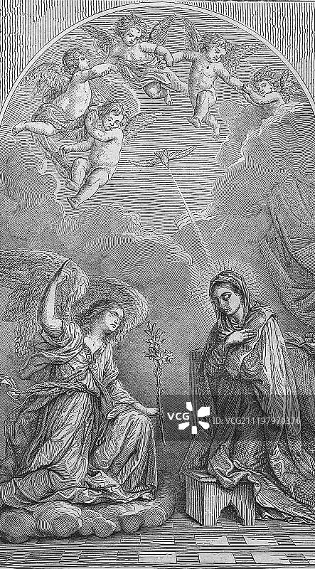 天使报喜，1860年的历史钢版雕刻图片素材