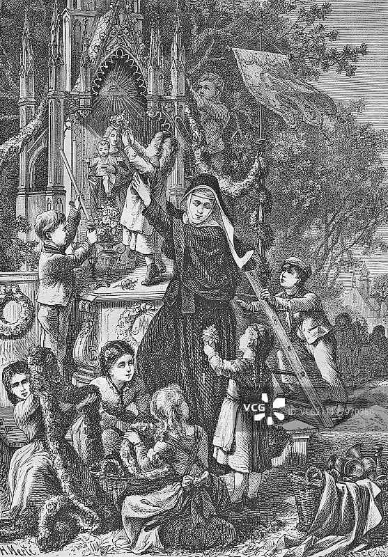 1860年历史钢版画中的玛丽安祭坛装饰图片素材