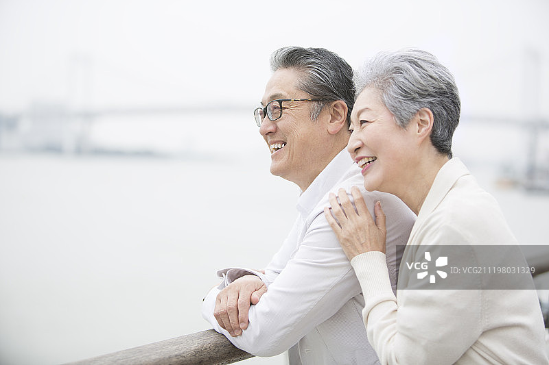 老年夫妇在甲板上眺望远方图片素材