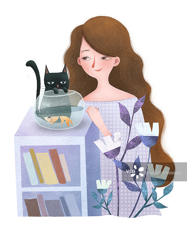 陪着猫咪的女孩图片素材