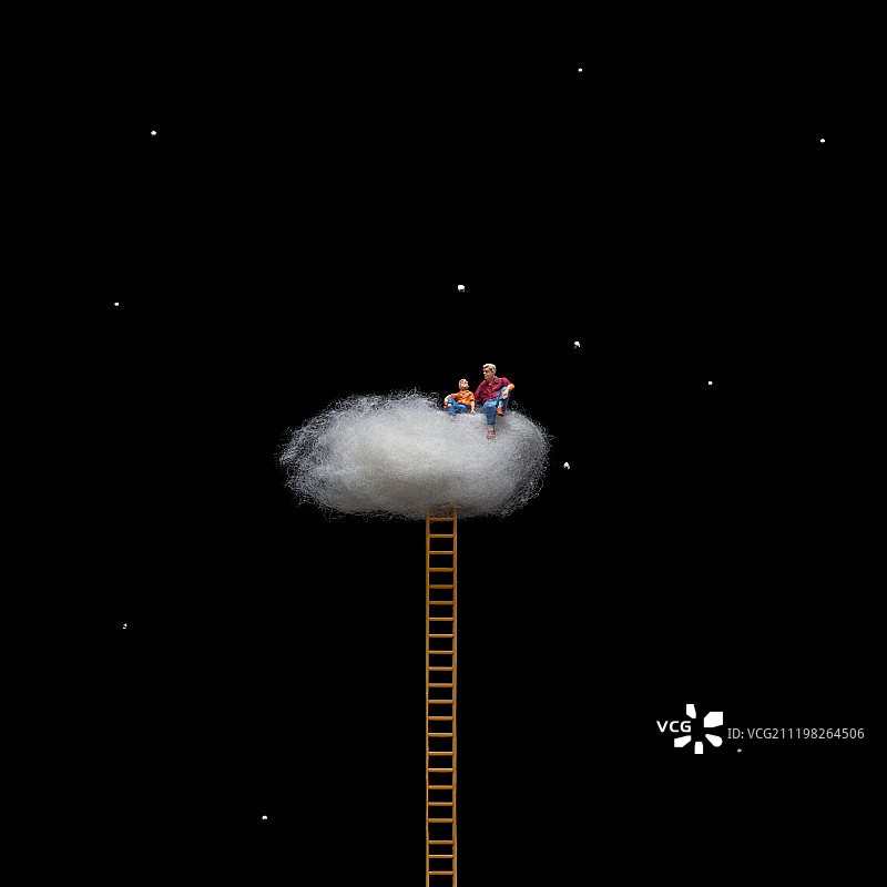 父子星空父亲节棉花云朵梯子图片素材