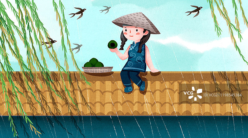 中国风清明节女孩吃清明果插画图片素材