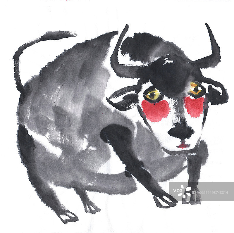 水墨插画肥胖的圆滚滚的牛图片素材