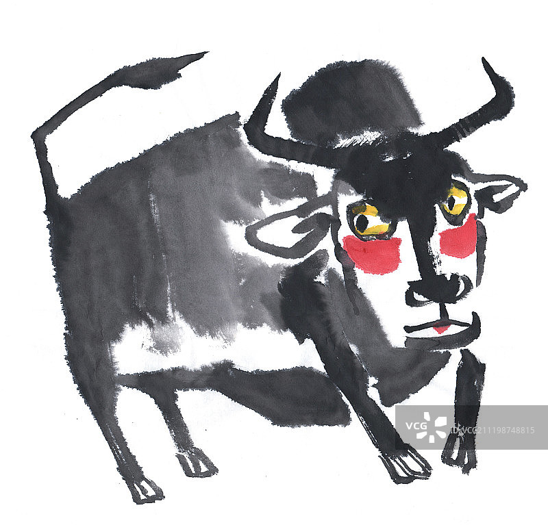 水墨插画站立的牛图片素材