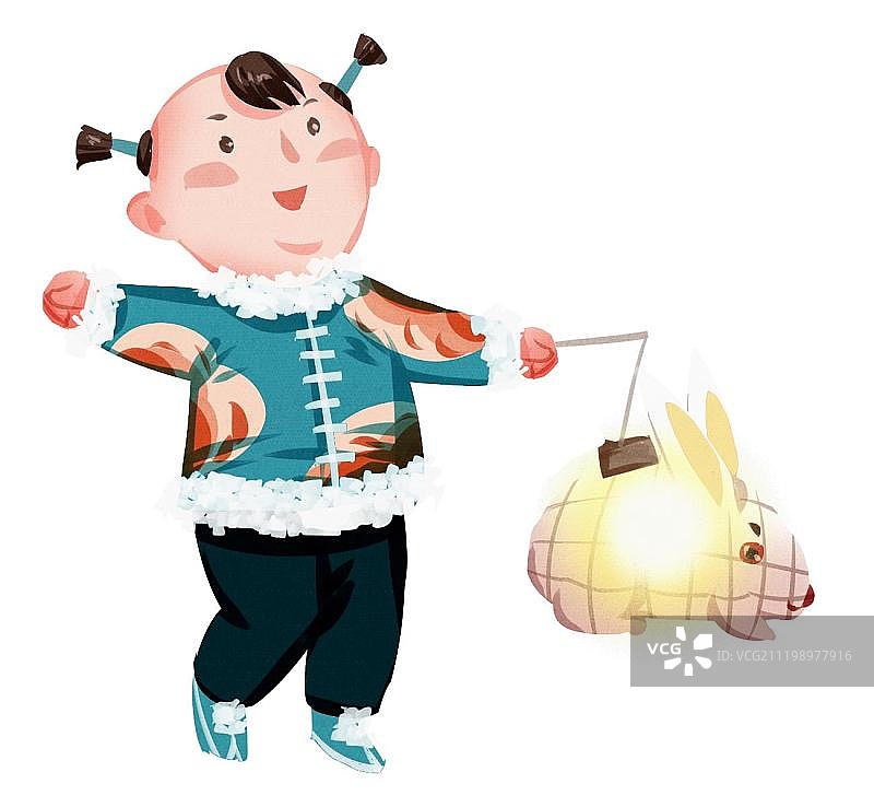 中国风男童手拿着兔子灯笼图片素材