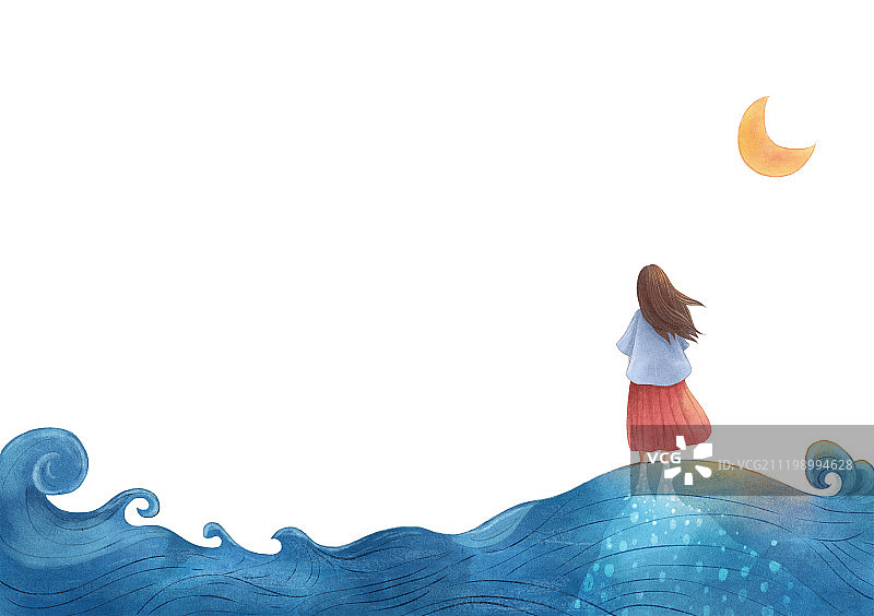 蓝色风格插画海上女孩二图片素材
